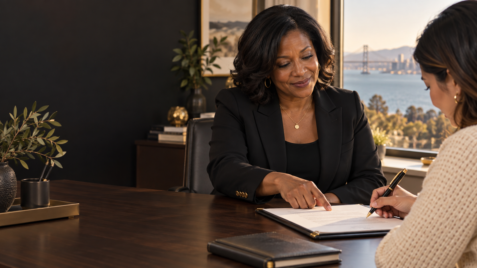 A professional notary guiding a client through a document signing
